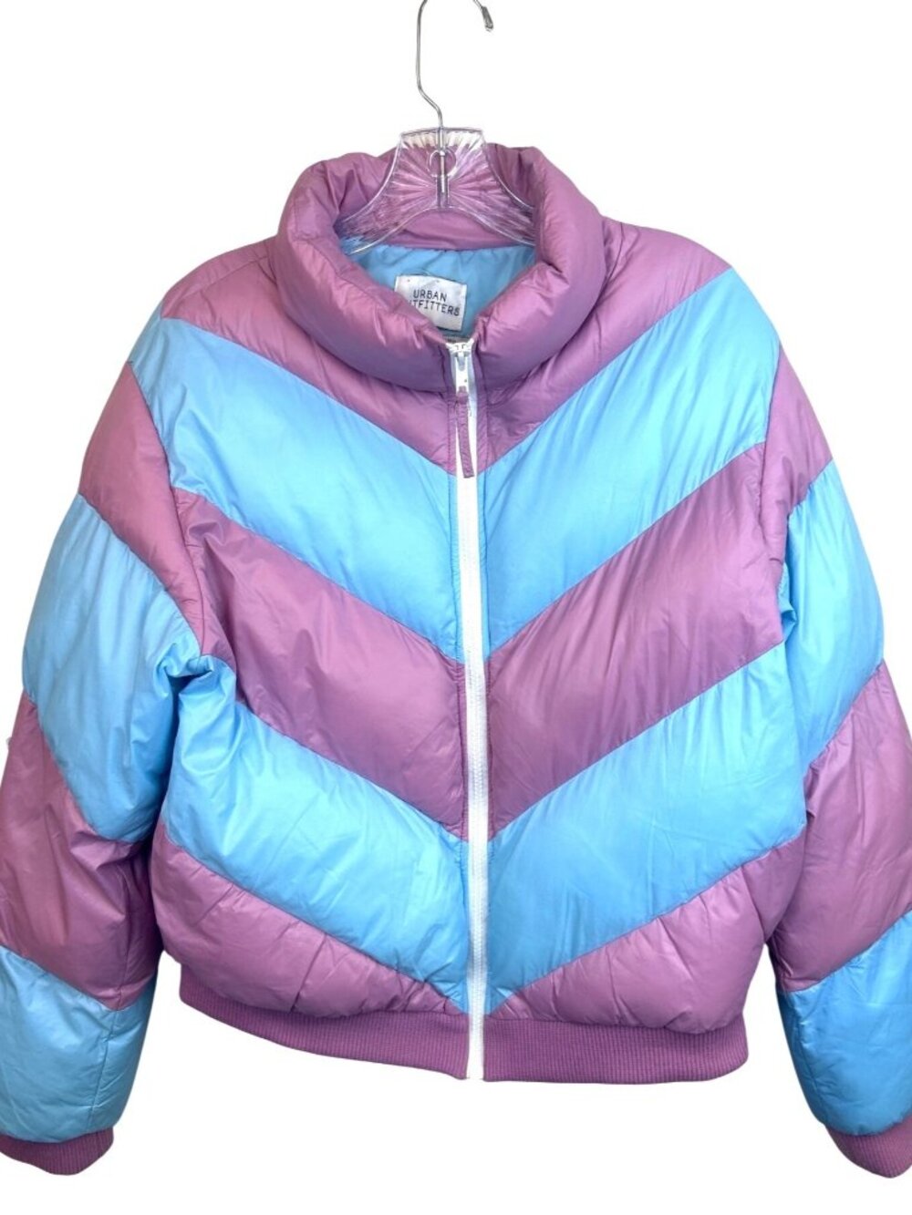 Urban Outfitters Puffer Jacket Women's L Colorblock Pink Blue Cropped Chevron